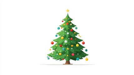Obraz premium Christmas tree, festive element, flat vector design, bright green with colorful baubles, isolated on white background.