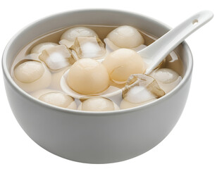 A light gray ceramic bowl filled with translucent white rambutan arils, submerged in a clear, light-colored syrup, white background isolated
