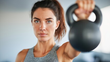 A dedicated woman performs kettlebell lifting during a high-intensity workout in a modern fitness studio