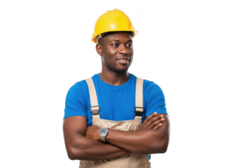 A confident black construction worker wearing a yellow hard hat and blue shirt with beige overalls stands with arms crossed isolated on transparent background