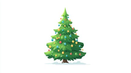 Fototapeta premium Christmas tree, festive element, flat vector design, bright green with colorful baubles, isolated on white background.