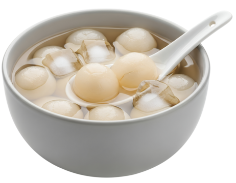 A light gray ceramic bowl filled with translucent white rambutan arils, submerged in a clear, light-colored syrup, white background isolated