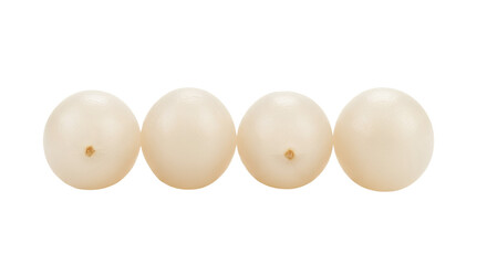 Four perfectly peeled rambutan arils, white background isolated