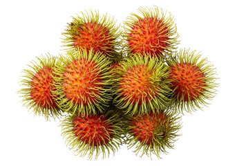 Exotic, sweet, fresh, and hairy rambutan fruit isolated on a white background is a delicious, red, tropical food