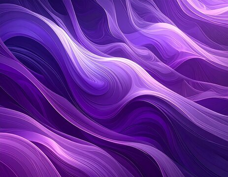 An abstract, flowing artwork features undulating waves rendered in shades of purple and violet, with subtle light effects