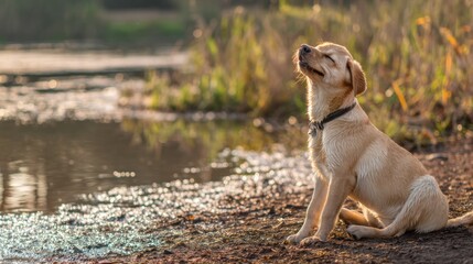 A golden Labrador puppy sits on the bank of a calm lake, gazing out at the water with a content expression.
