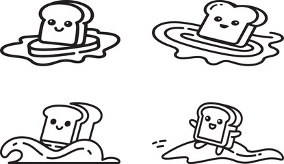 Cute Toast Bread Character Swimming in Butter Outline Icons - Breakfast Food Vector
