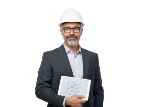Experienced bearded male architect wearing a white hard hat and glasses holding blueprints isolated on transparent background
