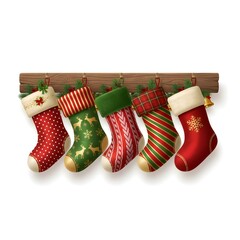 Five Assorted Christmas Stockings Hanging on a Wooden Mantel