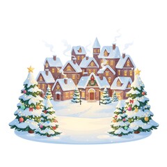 Cozy Christmas Winter Village Landscape with Snow and Decorated Trees