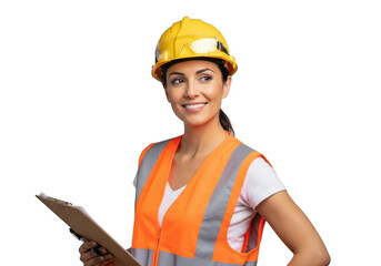 Smiling female construction worker wearing yellow hard hat and orange safety vest holding clipboard isolated on transparent background