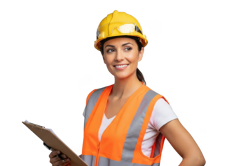 Smiling female construction worker wearing yellow hard hat and orange safety vest holding clipboard isolated on transparent background