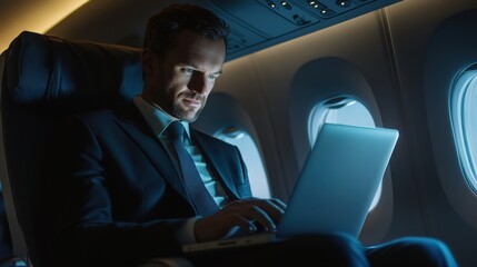 Businessman working on a laptop inside an airplane during flight, professional travel at high altitude