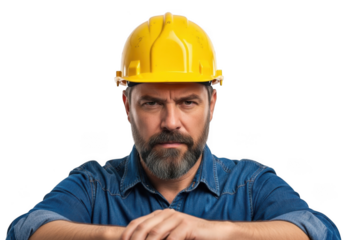 Serious bearded man wearing yellow hard hat and blue denim shirt arms crossed isolated on transparent background