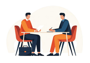 Two professionals engaged in a business meeting at a table with documents and laptops isolated on transparent background