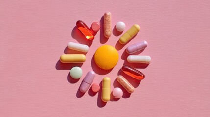 A colorful array of pills and capsules arranged in a circular pattern on a pink background.