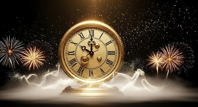 Golden clock striking midnight with fireworks. New year countdown concept.