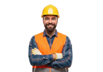 Smiling construction worker with hard hat and safety vest arms crossed wearing gloves isolated on transparent background