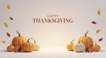 Happy thanksgiving greeting card with pumpkins and autumn leaves decoration.