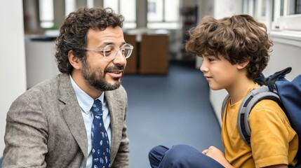 Teacher engages with a young boy student who appears sad while sitting on the floor