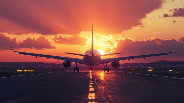 Commercial airplane preparing for takeoff on runway during vibrant sunset sky