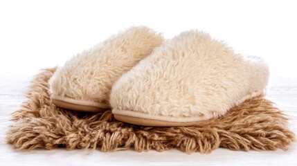 Pair of beige fuzzy slippers on a brown textured rug, with a white wooden background.