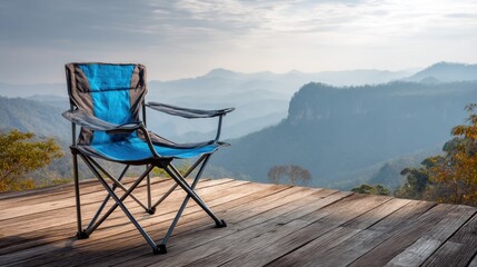 A blue and gray camping chair with armrests, placed on a wooden deck overlooking a mountainous landscape with a hazy sky.