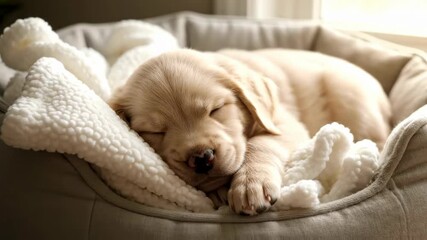 Golden Labrador Puppy Asleep in Gray Dog Bed with Plush White Blanket in Natural Sunlight Indoors Peacefully Resting and Napping for Adobe Stock