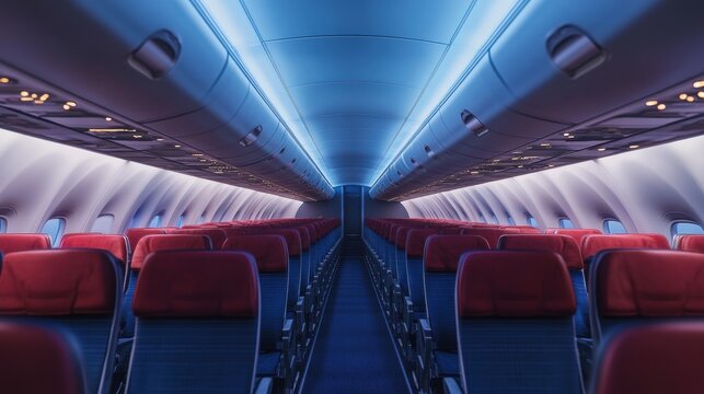 Interior of an empty modern airplane cabin with red seats and overhead compartments