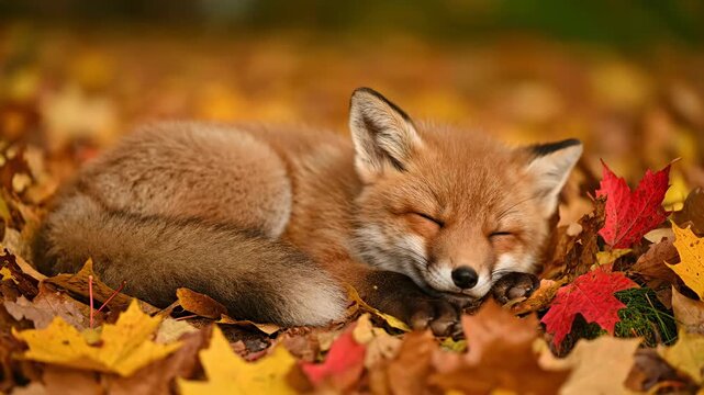 Sleeping Red Fox Curled Up in a Bed of Colorful Autumn Leaves Under Soft Natural Light with Brown and Yellow Colors