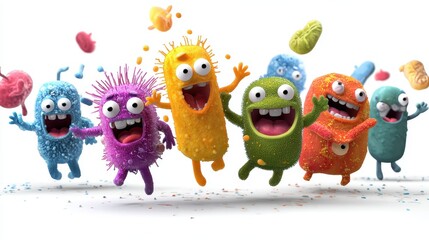 Obraz premium A whimsical depiction of a bacteria party, animated characters, joyful expressions, isolated on white background. 