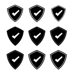 Collection of nine shield icons with checkmarks symbolizing security and protection.