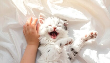 Happy kitten laughing with child's hand on white bedsheets, enjoying a sunny day