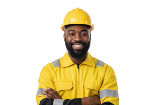 Smiling black man wearing yellow hard hat and reflective work uniform with arms crossed isolated on transparent background