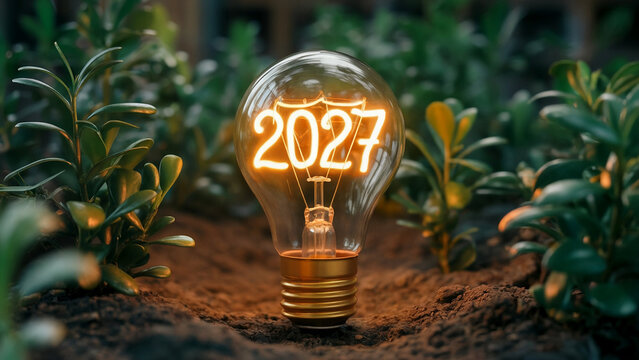 2027 glowing light bulb in soil surrounded by green plants — eco innovation and sustainable energy concept symbolizing bright ideas, renewable power, and green technology for the future