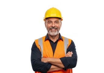 Smiling middle aged man wearing yellow hard hat and orange safety vest with arms crossed isolated on transparent background