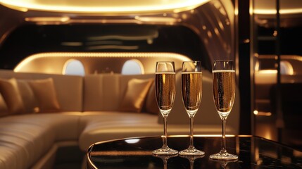 Luxury setting with three glasses of sparkling champagne on a dark reflective table in an elegant
