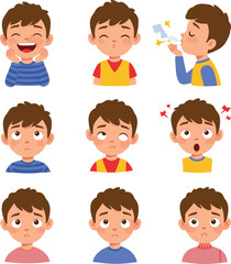 Cartoon boy facial expressions, emotional character illustration, kids emotions set, child mood icons, vector clipart, cute boy reactions, animated feelings, children behavior graphics