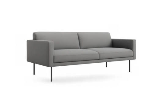 Modern minimalist two-seater gray sofa providing comfort and style for contemporary interior design, transparent background
