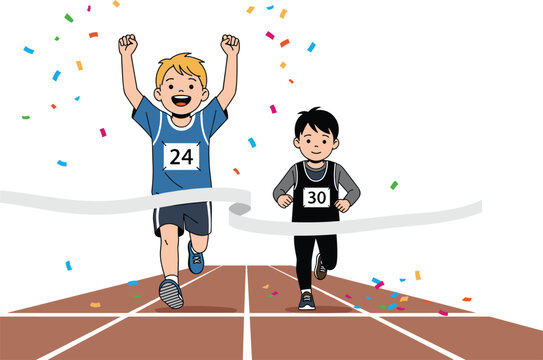 Cartoon boys running race, finish line celebration, sports competition, athletic event, victory moment, confetti background, track field, winning expression, energetic kids, fun illustration