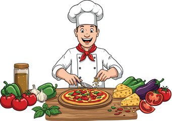 Cartoon chef making pizza, fresh ingredients, culinary preparation, cooking joy, kitchen scene, tomato and cheese, food art, traditional recipe, vegetable toppings, delicious meal creation