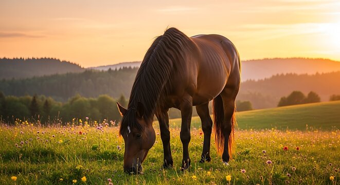 Brown horse grazing peacefully in a sun-drenched field at sunset golden hour landscape