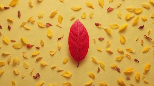 A single red leaf with scattered yellow petals on a yellow background.