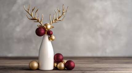 A white vase with gold antlers and red and gold baubles on a wooden table against a grey background.
