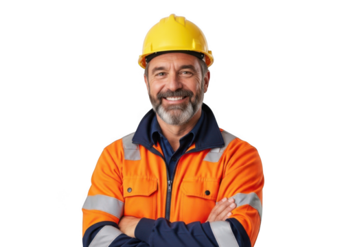 Smiling middle aged construction worker with beard wearing yellow hard hat and orange safety jacket isolated on transparent background