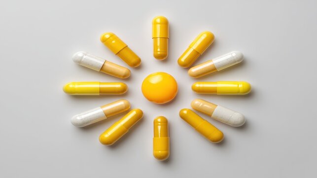 A collection of yellow and white capsules arranged in a circular pattern on a white background.