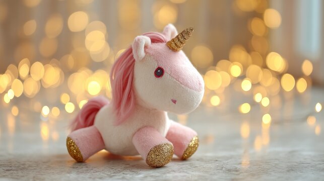 A pink and white unicorn plush toy with a golden horn and tail, sitting on a marble surface with a bokeh background of golden lights.