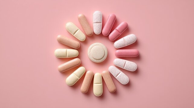 A circular arrangement of pink and white pills on a pink background, with a single white pill in the center.
