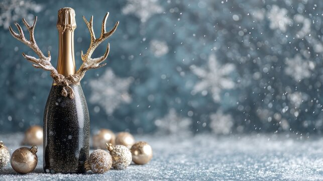 A champagne bottle with reindeer antlers, surrounded by Christmas ornaments and snowflakes, against a blue background with a bokeh effect. - Powered by Adobe