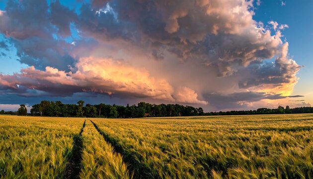 Vast golden field leads the eye to a vibrant sunset with towering, illuminated clouds and a distant treeline